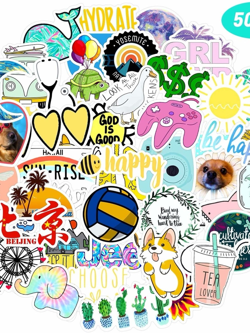 50 Assorted Pet Stickers - Colorful Dog & Corgi Designs